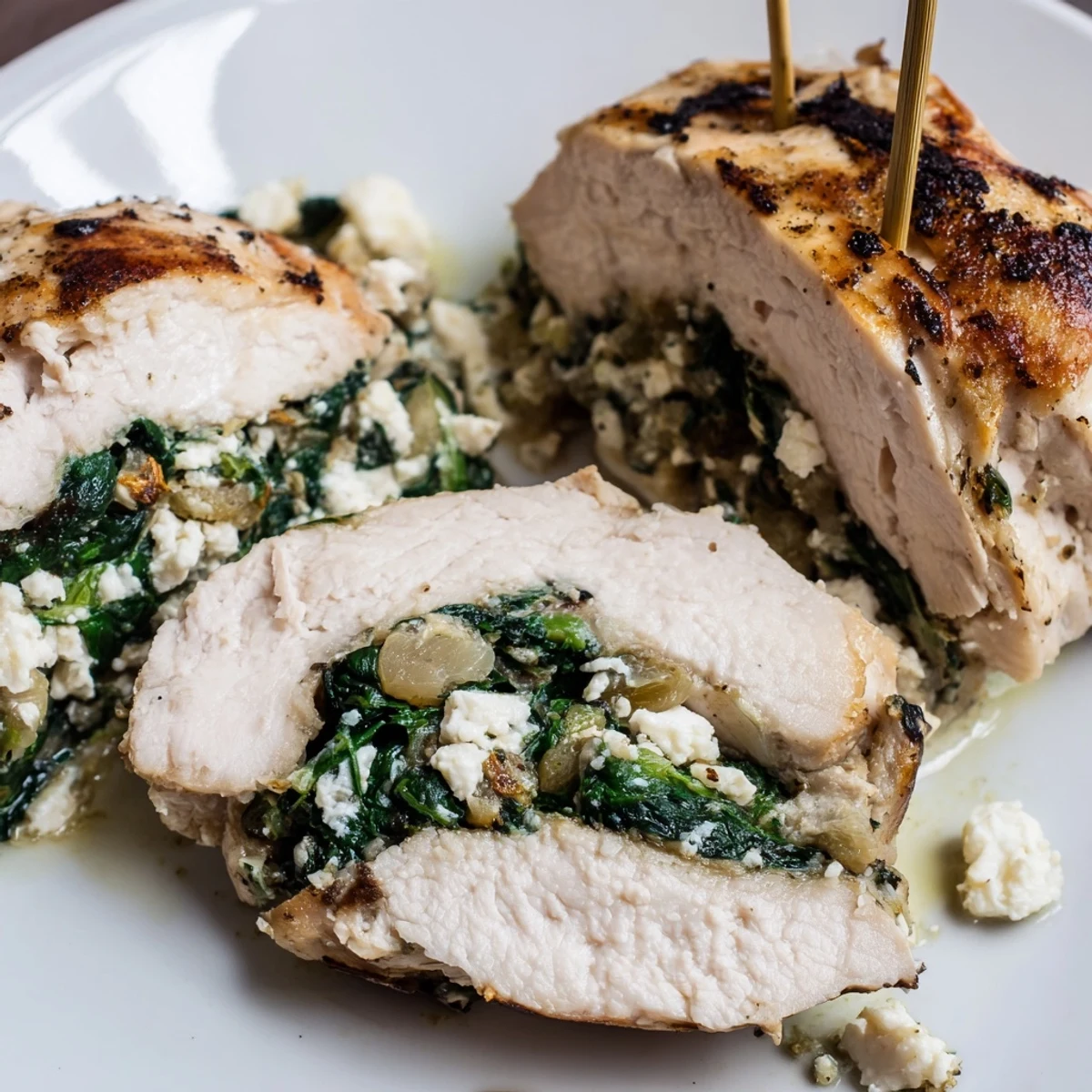 Golden-baked Spinach and Feta Stuffed Chicken Breast rests on a white plate, revealing a moist, herb-filled interior and garnished with fresh dill.