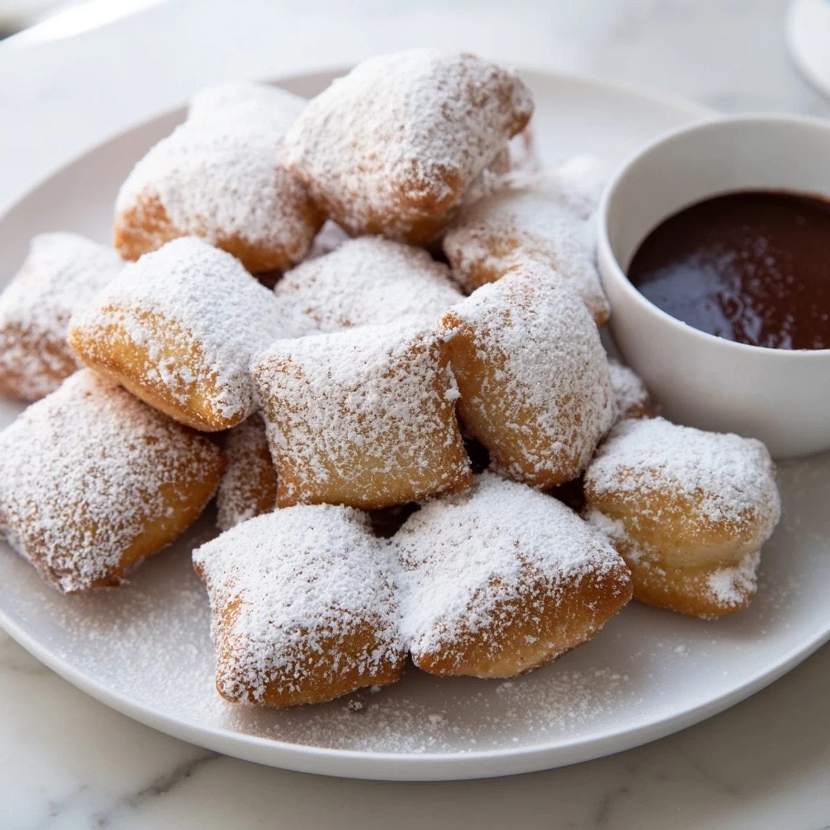 Golden-brown Mardi Gras Beignets with Chocolate Dipping Sauce are dusted with powdered sugar on a rustic plate.