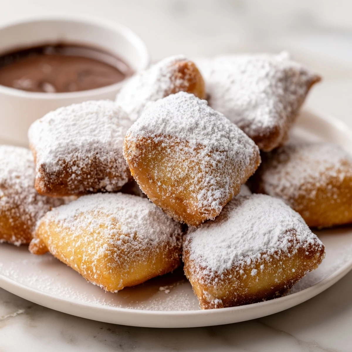 Warm Mardi Gras Beignets with Chocolate Dipping Sauce are stacked high, ready for a festive New Orleans treat.
