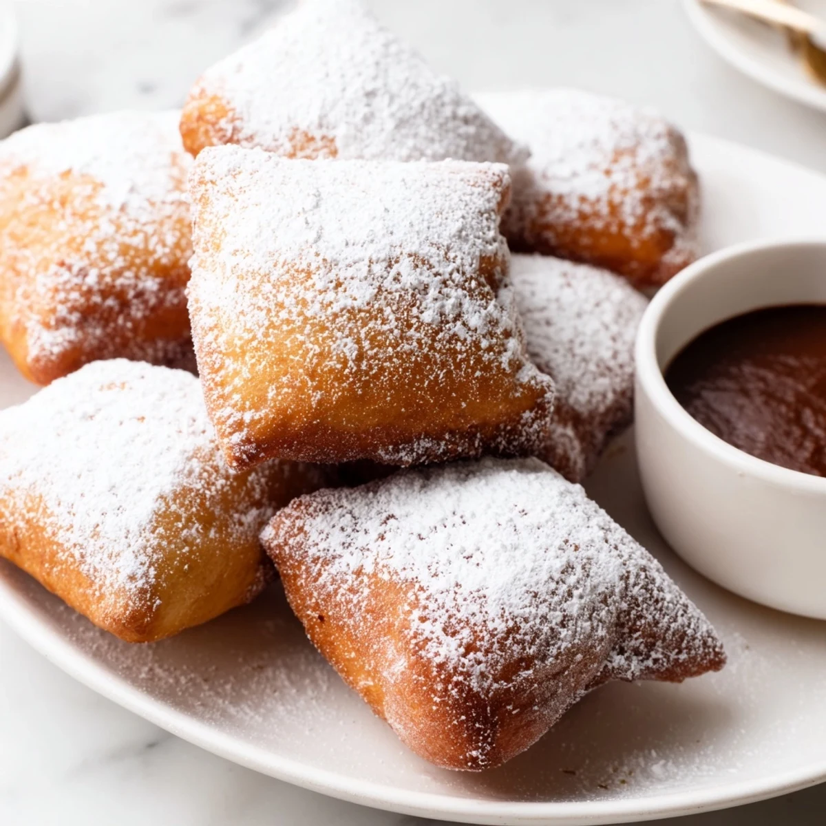 Soft, pillowy Mardi Gras Beignets with Chocolate Dipping Sauce sit beside a cup of café au lait.