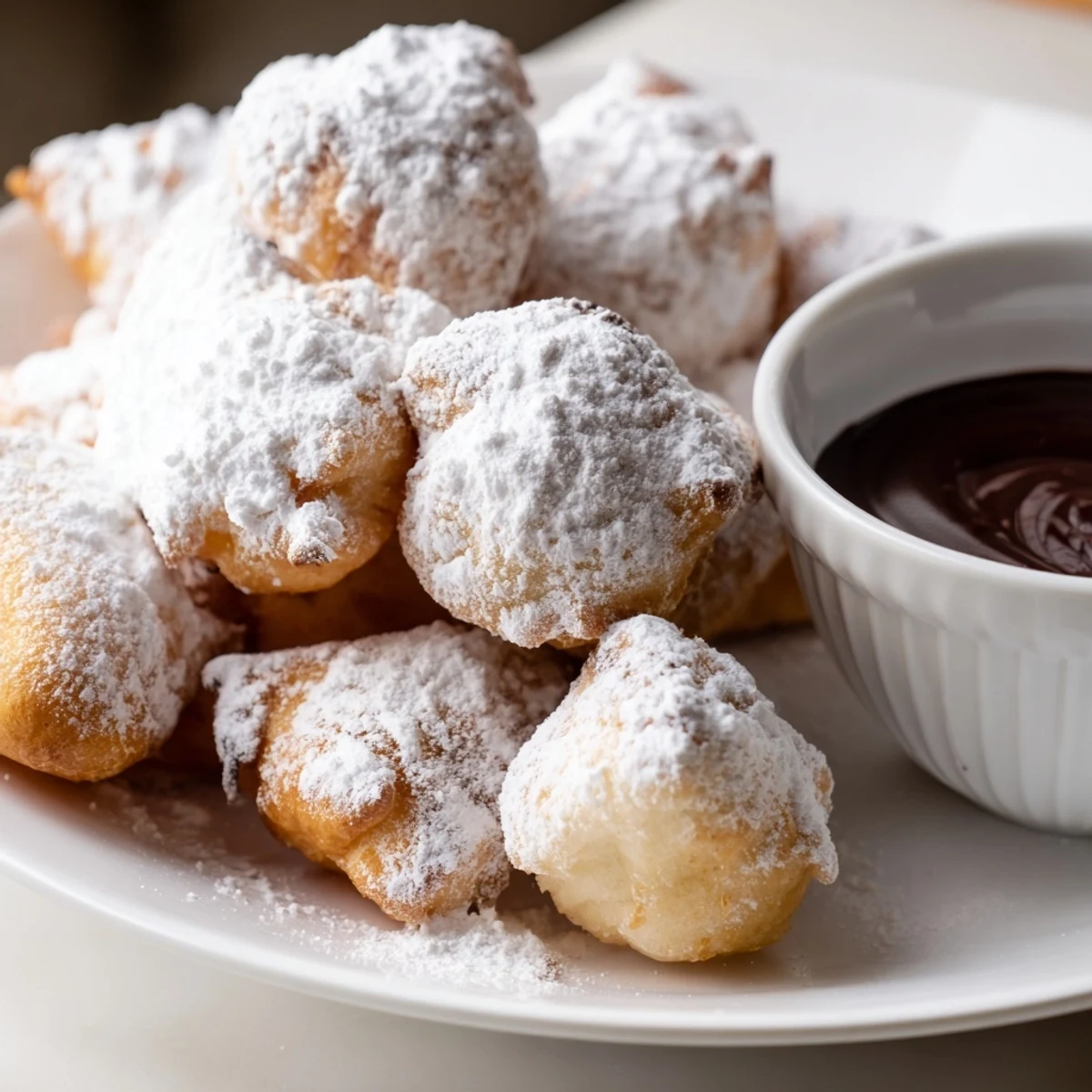 Golden-brown, pillowy Mardi Gras Beignets dusted with powdered sugar beside a glossy chocolate dipping sauce on a plate.