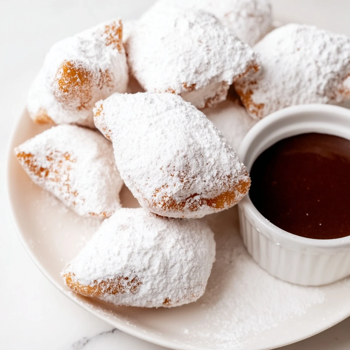 Warm Mardi Gras Beignets with Chocolate Dipping Sauce, served on a checkered cloth with steam rising invitingly.