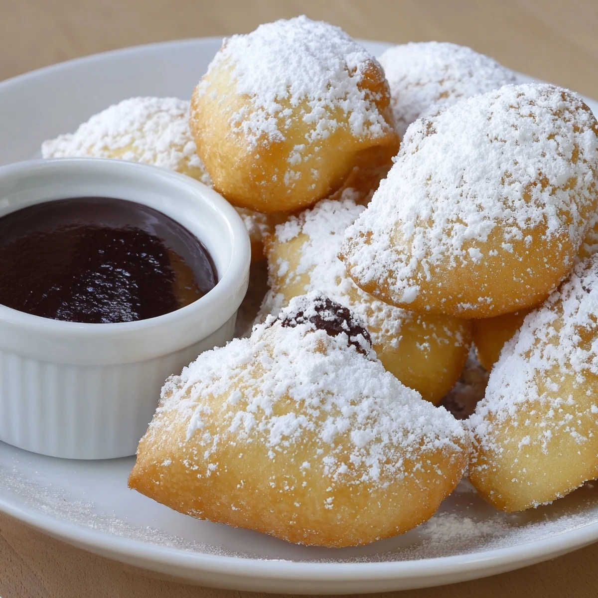 Fluffy, fried Mardi Gras Beignets with Chocolate Dipping Sauce on a tray, next to a mug of coffee.