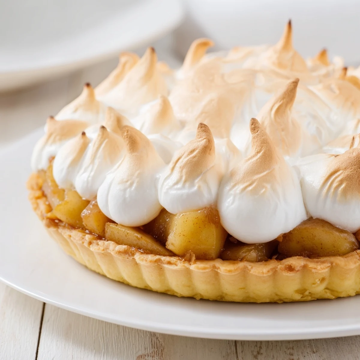 Close-up of Irish Apple Amber Tart with Meringue Top highlights flaky pastry edges and tender apples beneath toasted golden meringue clouds.