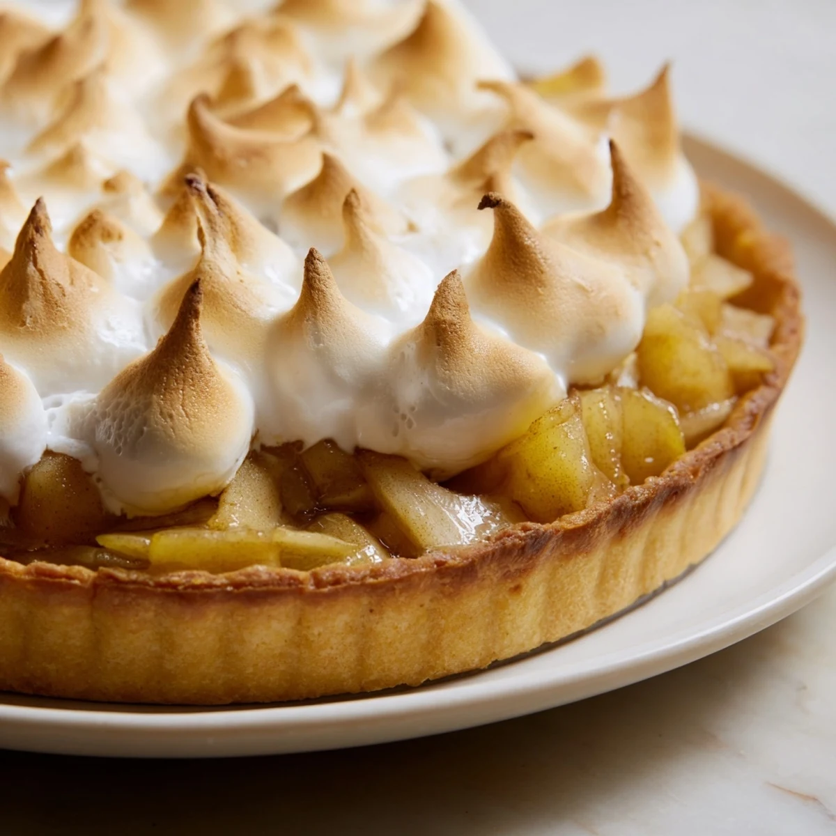 Irish Apple Amber Tart with Meringue Top is served warm with whipped cream, showcasing glossy meringue on a rustic wooden table.