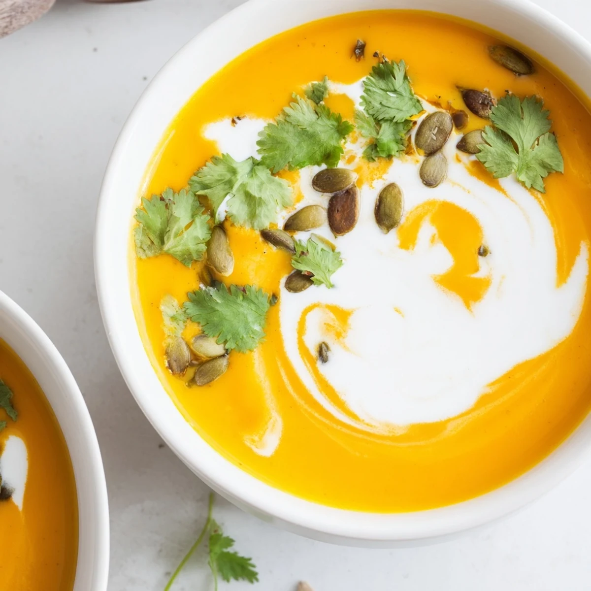 Close-up of Carrot and Ginger Soup with Coconut Cream, its silky orange texture topped with a creamy white swirl and seeds.