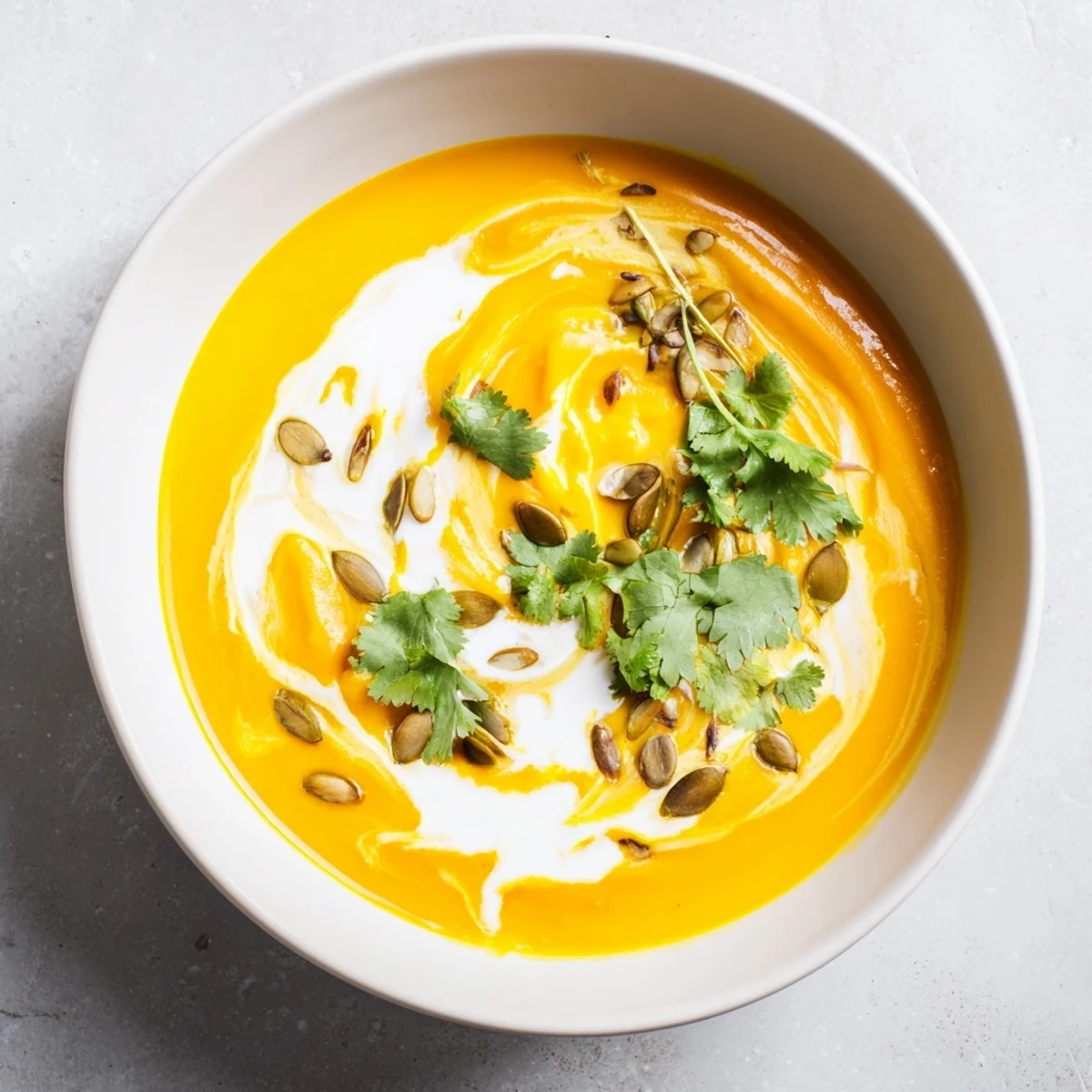 A vibrant bowl of Carrot and Ginger Soup with Coconut Cream swirls, garnished with fresh herbs and toasted pumpkin seeds.