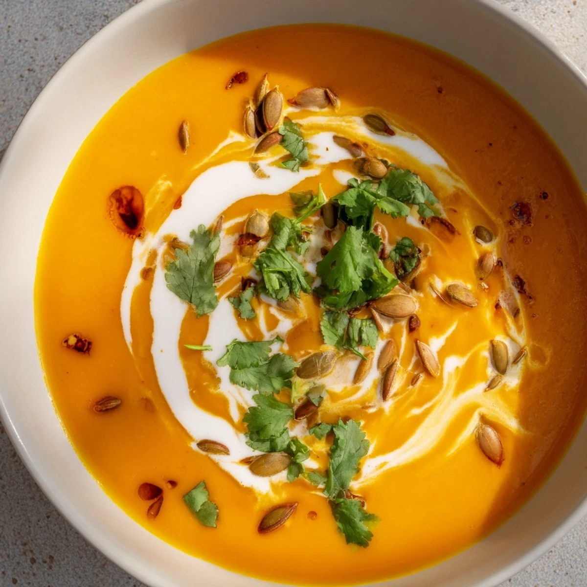 Steaming bowl of Carrot and Ginger Soup with Coconut Cream, served rustic-style beside crusty bread for a comforting vegan meal.