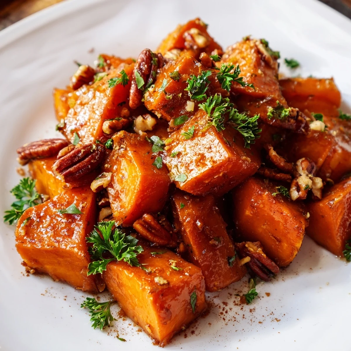 Golden cubes of Roasted Sweet Potatoes with Maple Pecan Glaze glistening on a rustic platter, ready to serve warm alongside a holiday main.