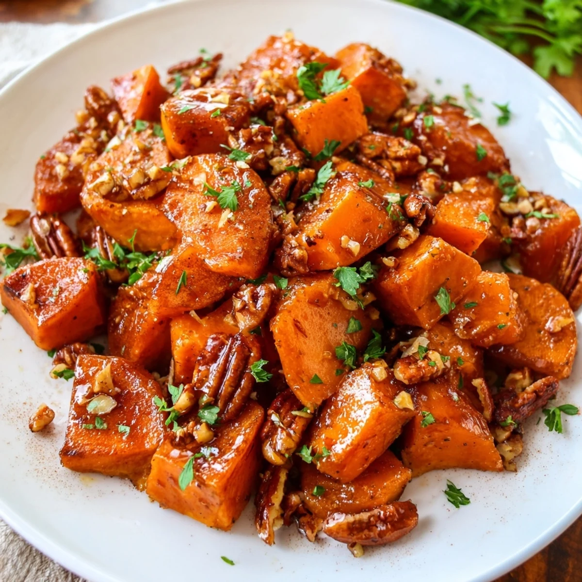 A close-up of tender Roasted Sweet Potatoes with Maple Pecan Glaze, showcasing the caramelized edges and crunchy chopped pecans in a cozy side dish.