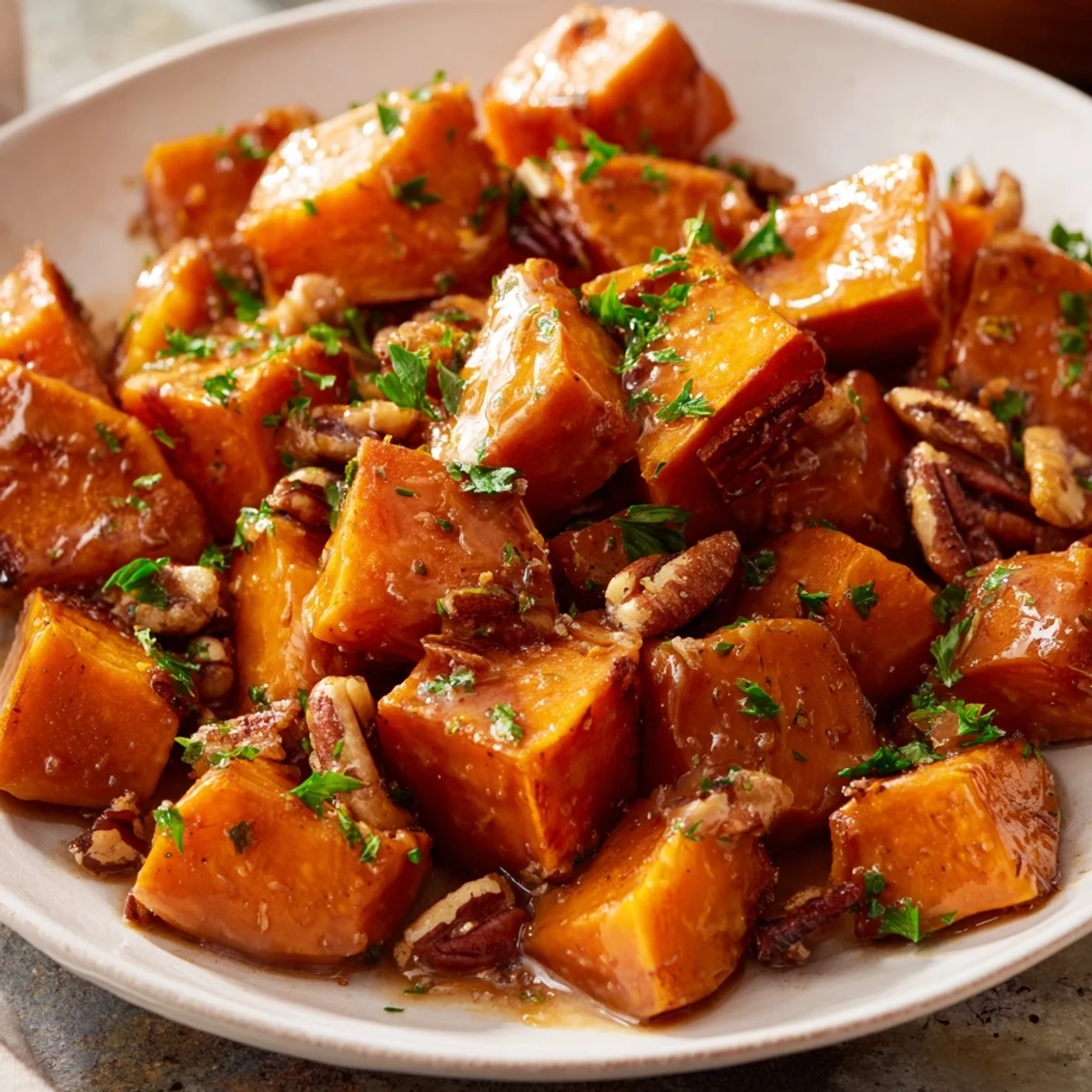 Savory Roasted Sweet Potatoes with Maple Pecan Glaze served in a white bowl, garnished with fresh parsley for a festive fall recipe presentation.