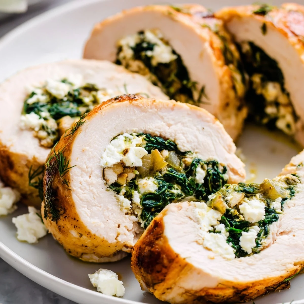 Golden-baked spinach and feta stuffed chicken breast sliced open on a plate, revealing the vibrant green filling and creamy white cheese.