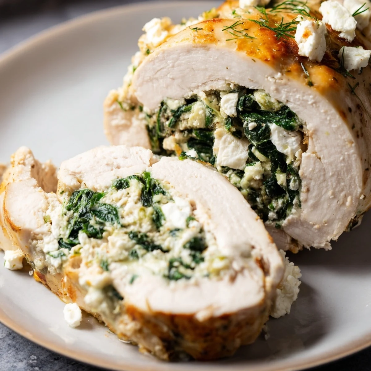 Freshly cooked spinach and feta stuffed chicken breast resting on a wooden board, with herbs and lemon zest scattered nearby.