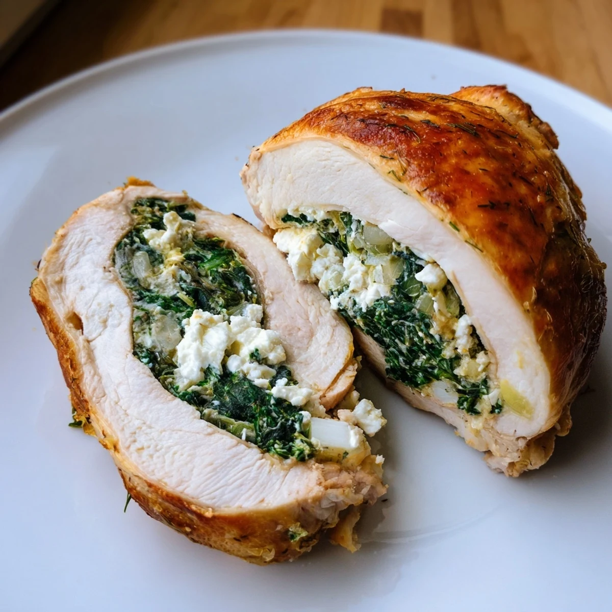 A plated serving of spinach and feta stuffed chicken breast, garnished with dill and a drizzle of olive oil.