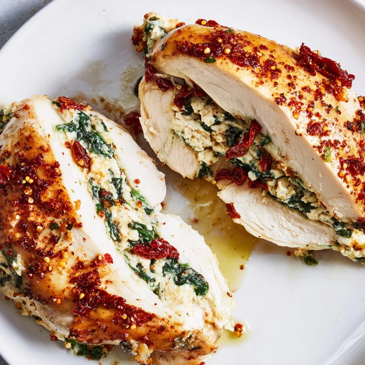 Juicy Spinach and Feta Stuffed Chicken Breast resting in a baking dish with golden edges, served alongside roasted asparagus.