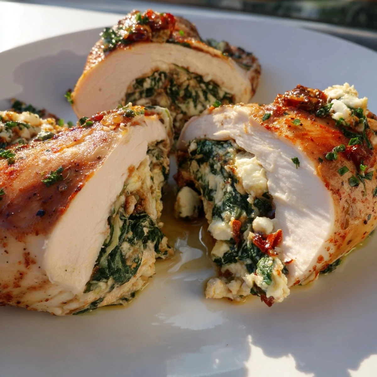Freshly baked Spinach and Feta Stuffed Chicken Breast sliced to reveal the vibrant green spinach and creamy white feta filling.