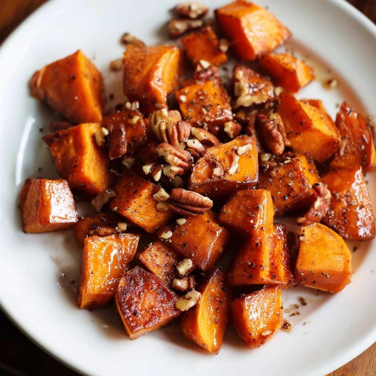 Golden cubes of Roasted Sweet Potatoes with Maple and Pecans glisten with a glossy glaze on a rustic plate, ready to serve as a cozy side dish.
