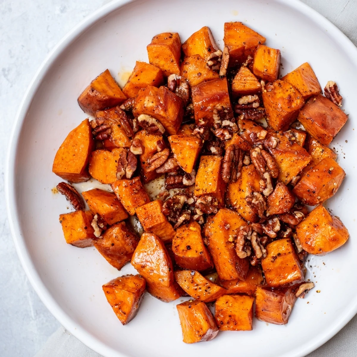 A close-up of Roasted Sweet Potatoes with Maple and Pecans reveals tender interiors and crunchy toasted nuts, perfect for a Thanksgiving table setting.