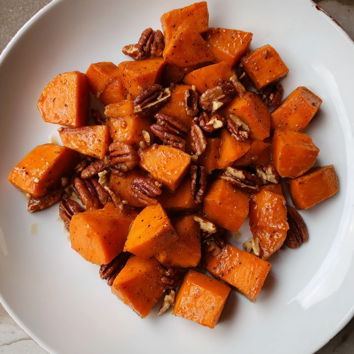 Overhead view of Roasted Sweet Potatoes with Maple and Pecans shows caramelized edges and fresh herbs, ideal for an easy vegetarian dinner.