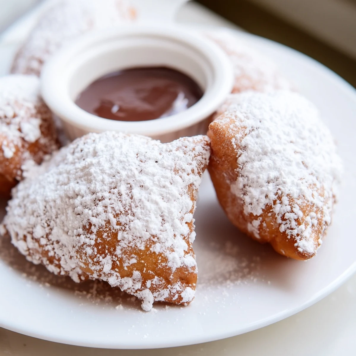 Golden-brown Mardi Gras Beignets with Chocolate Sauce stacked high and dusted with powdered sugar.