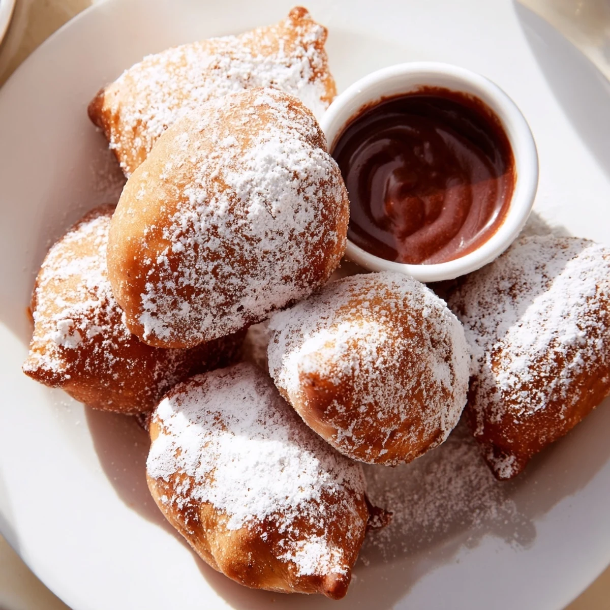 Plush Mardi Gras Beignets with Chocolate Sauce on a plate, showing airy texture and powdered sugar.