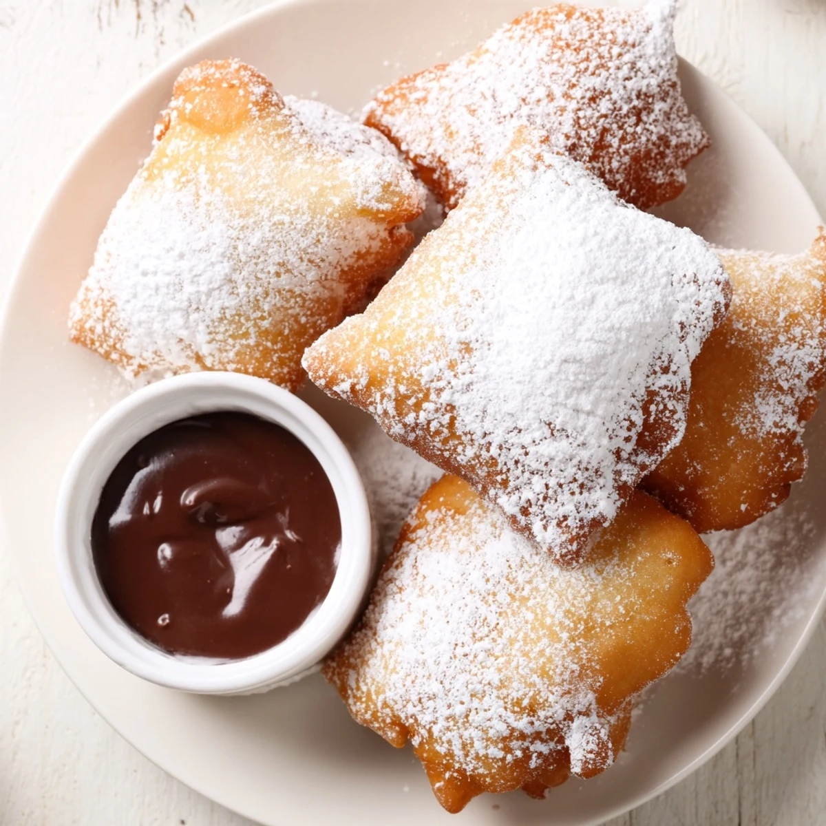 Freshly fried Mardi Gras Beignets with Chocolate Sauce ready to be dipped in warm sauce.