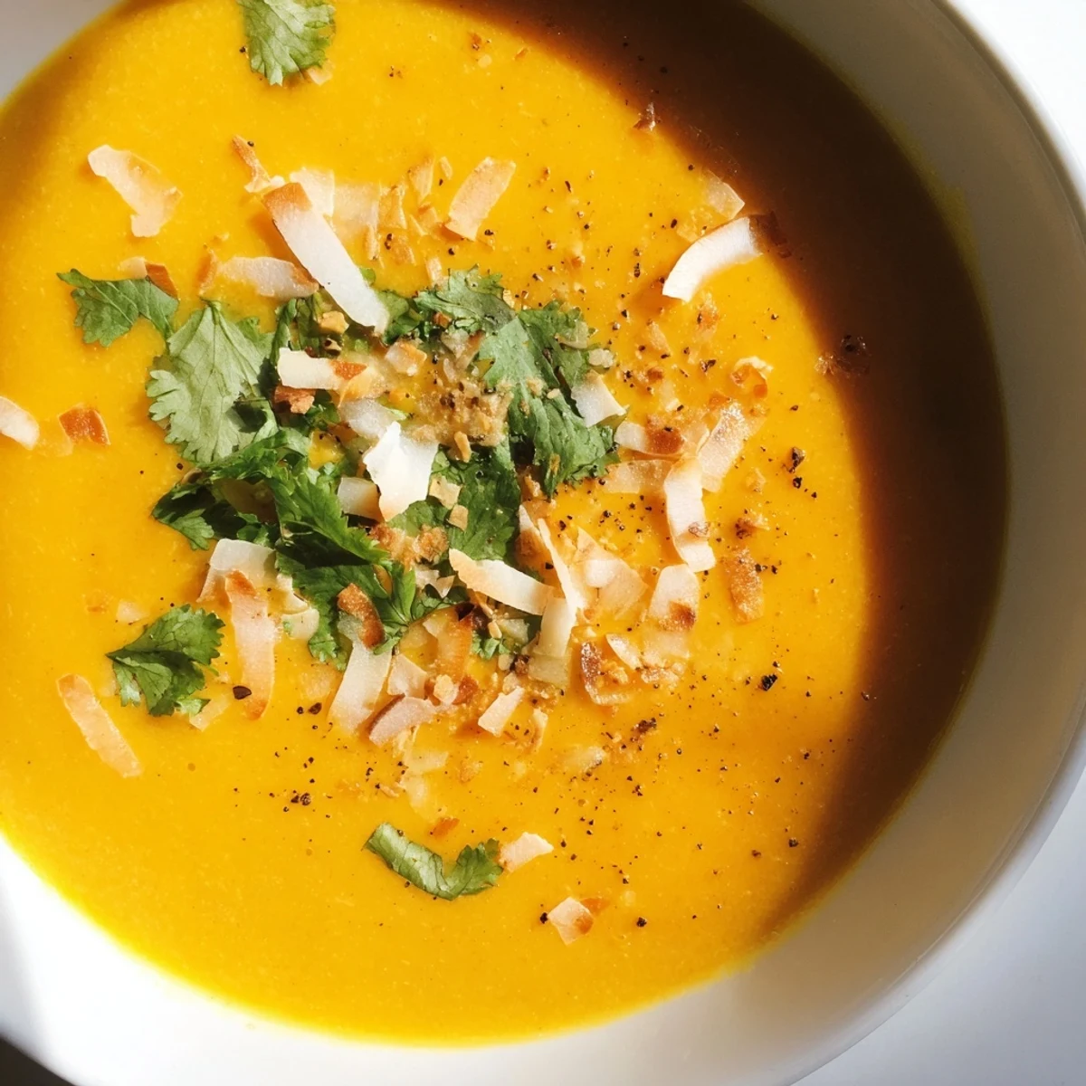 A close-up of Carrot and Ginger Soup with Coconut Milk, garnished with cilantro and toasted flakes.