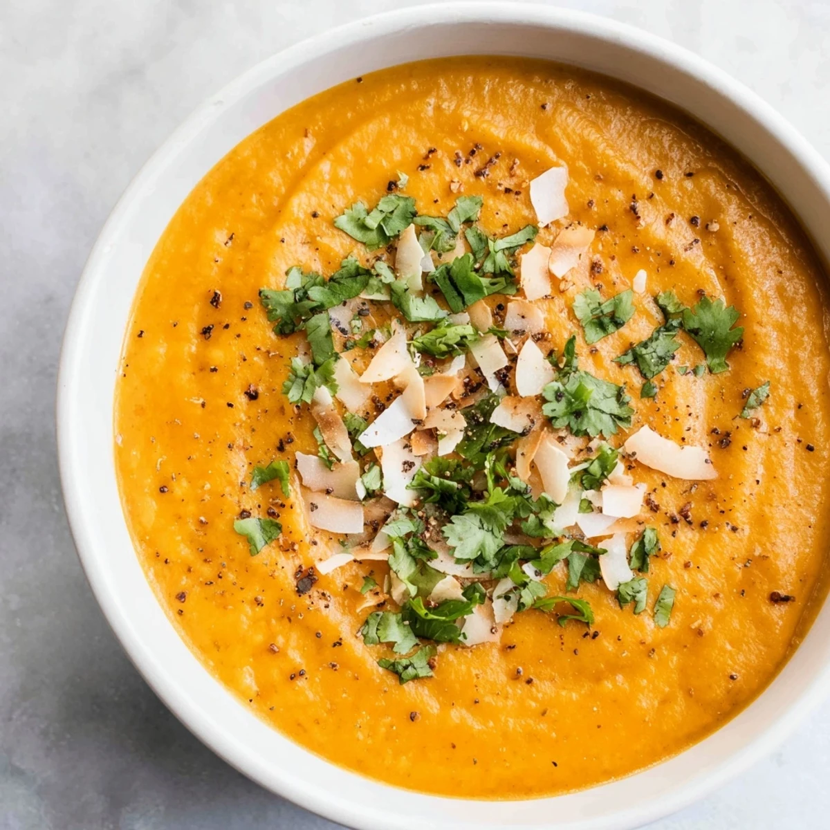 Creamy Carrot and Ginger Soup with Coconut Milk beside warm bread, perfect for a light lunch.