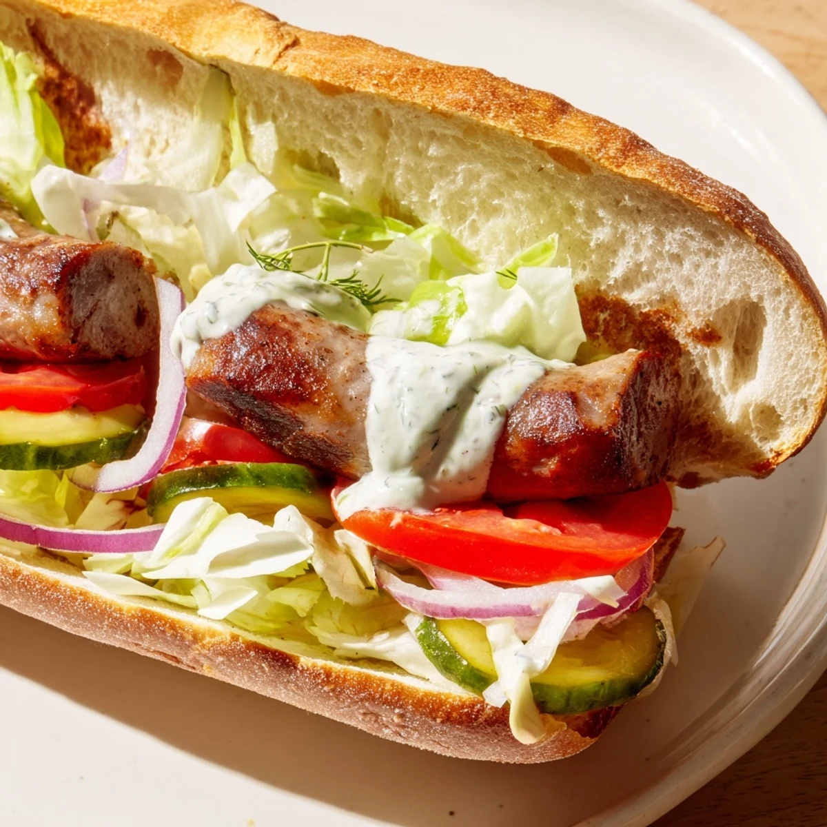 Sizzling grilled Cajun beef sausage po boy sandwiches with crisp lettuce and ripe tomatoes on a crusty baguette.
