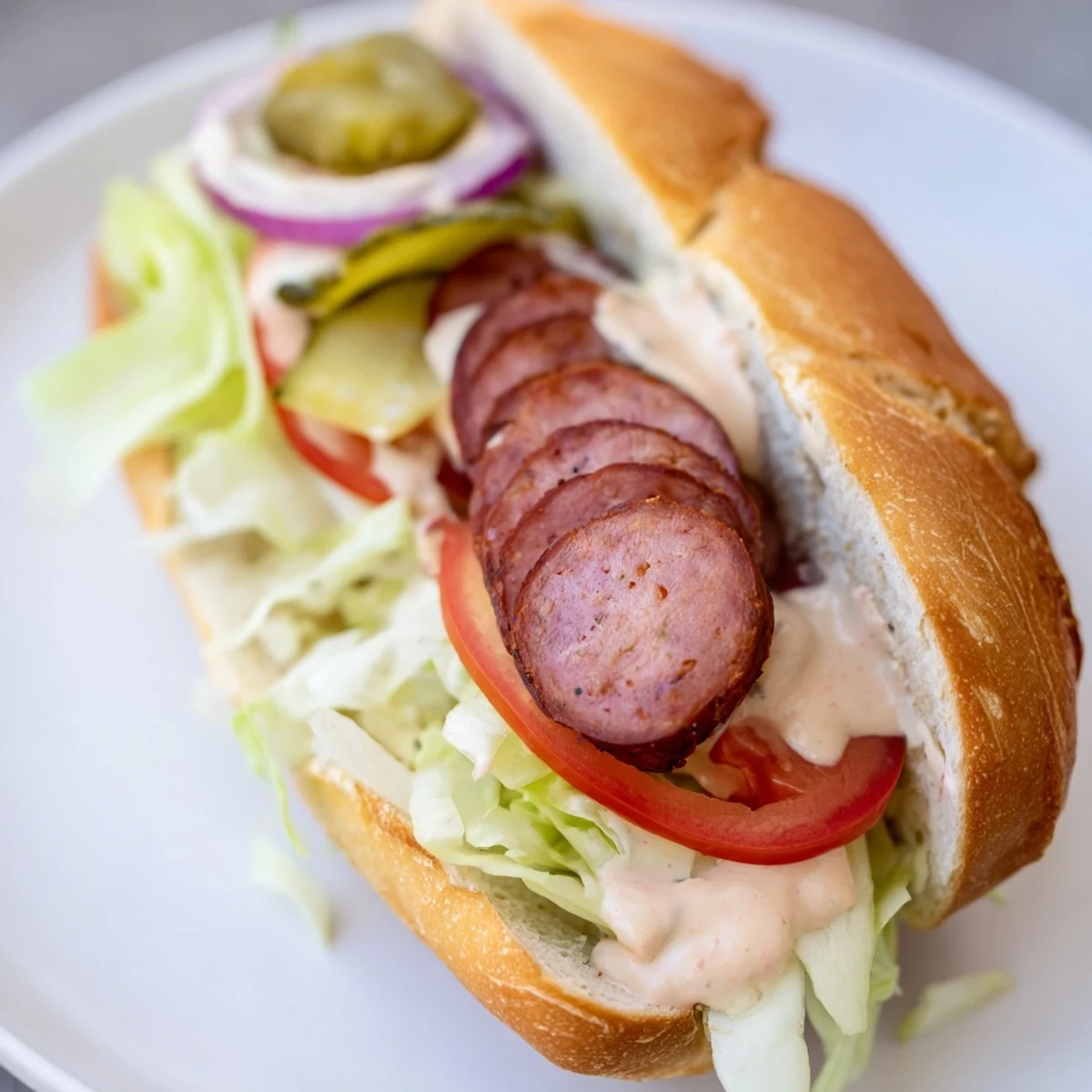A close-up of grilled Cajun beef sausage po boy sandwiches layered with pickles, onions, and creamy remoulade.