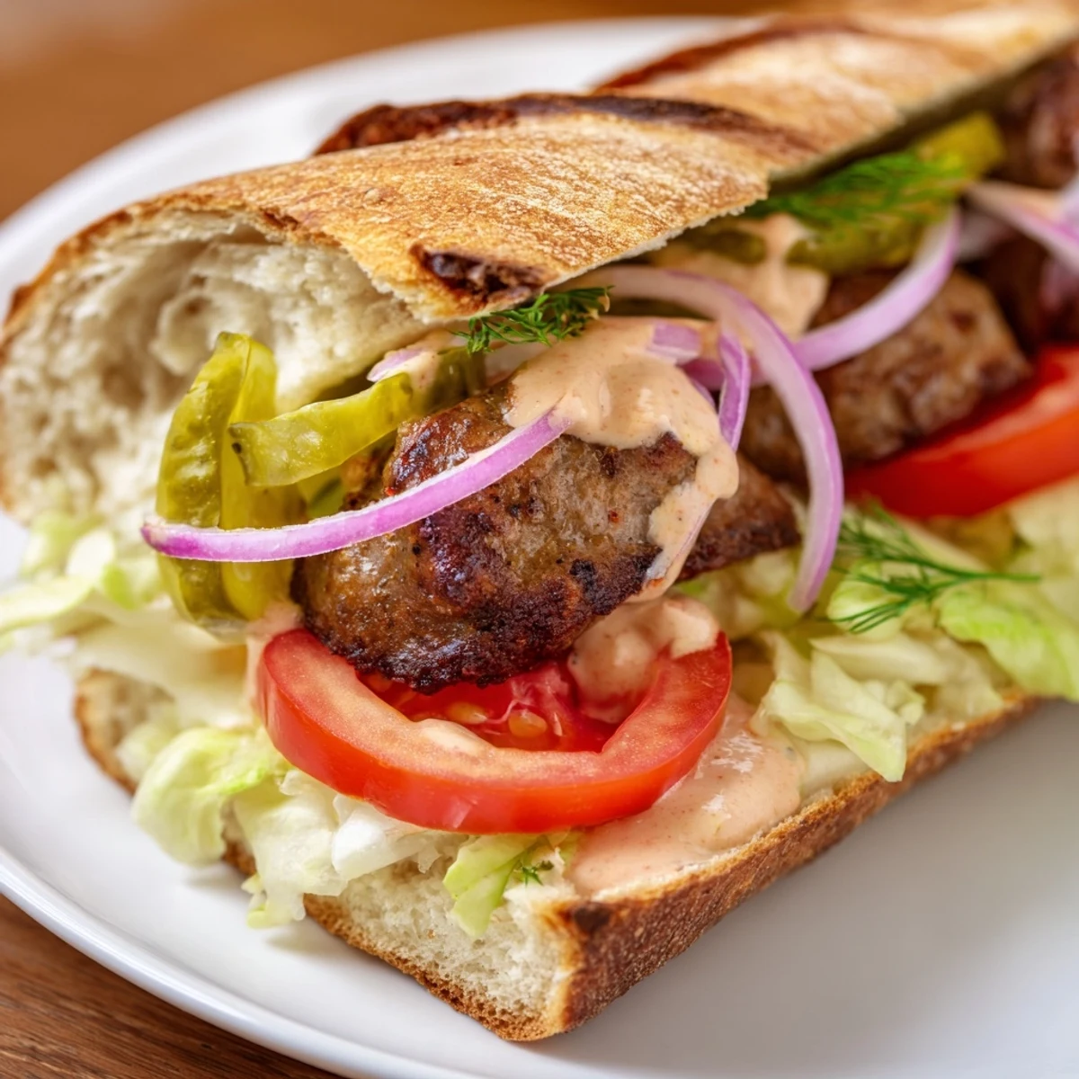Juicy Cajun beef sausage po boy sandwiches served on toasted baguette with colorful veggies and tangy sauce.