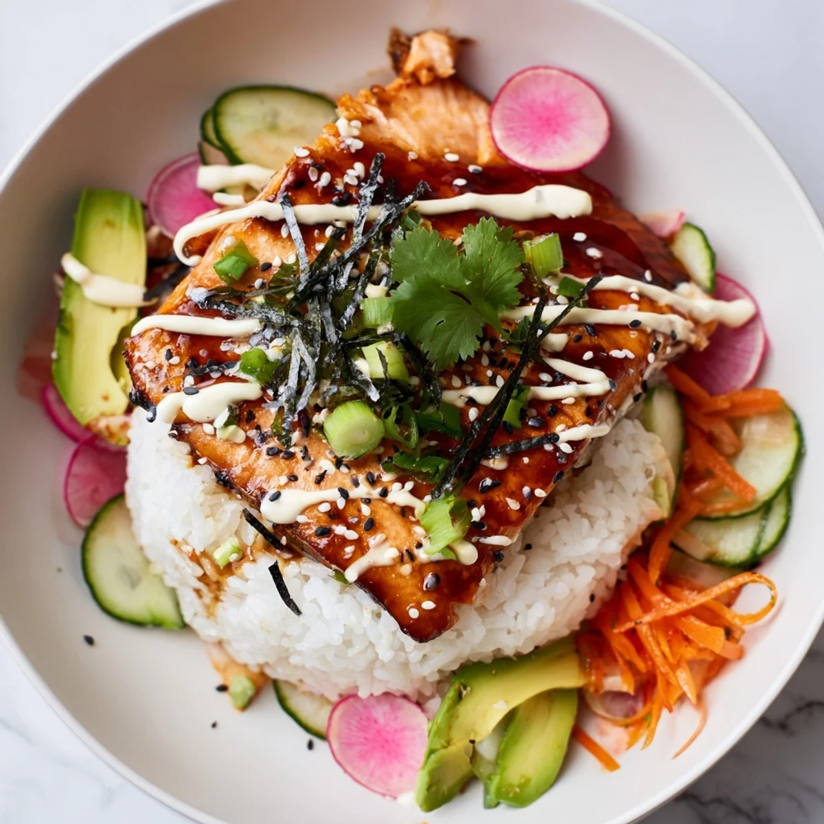 A vibrant fusion bowl showcases tender salmon, fluffy rice, and colorful quick-pickled vegetables in one serving.