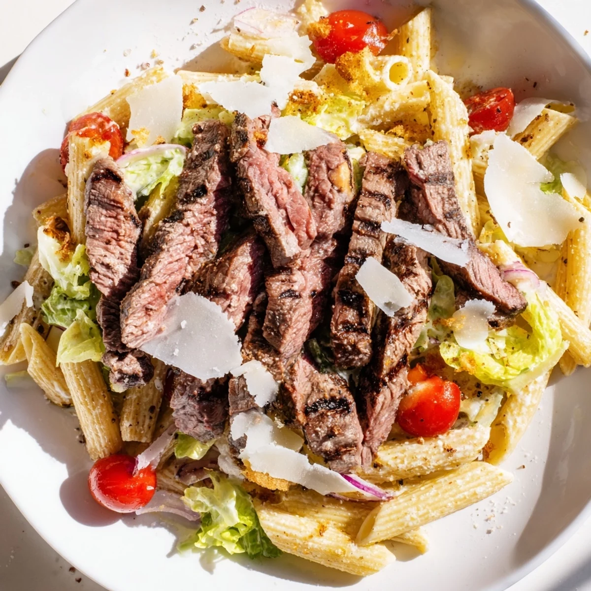 Juicy grilled steak, al dente pasta, crisp romaine, and creamy dressing combine in this Flavorful Steak Caesar Pasta Salad for a hearty meal. 