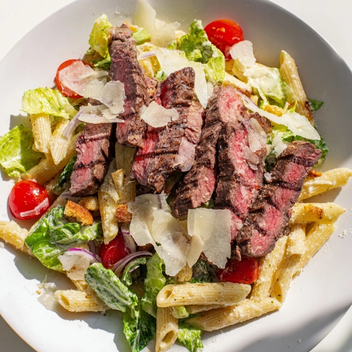 Sliced sirloin steak rests atop tender rotini and cherry tomatoes in this vibrant Flavorful Steak Caesar Pasta Salad served with croutons. 
