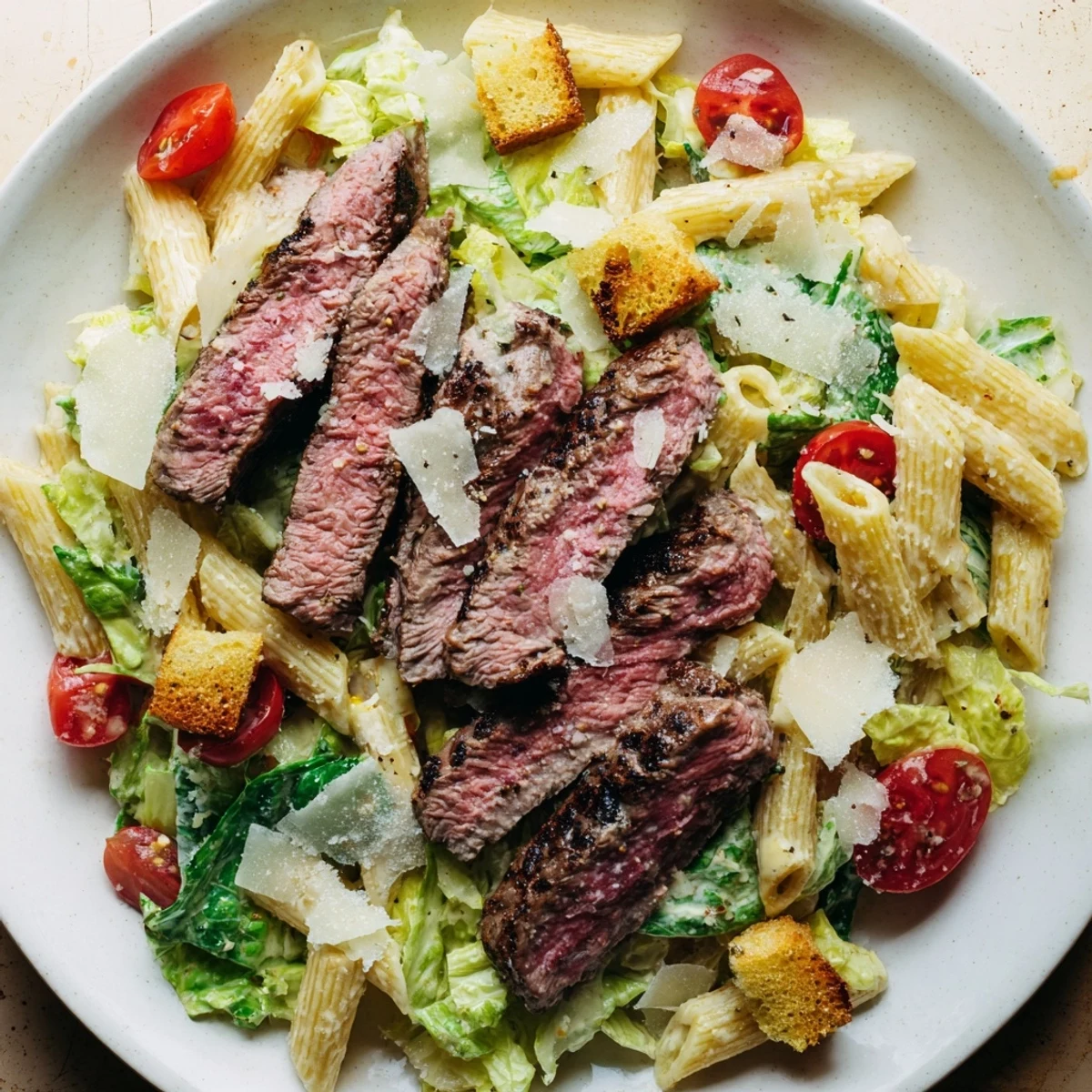 A large bowl presents chopped romaine, pasta, steak slices, shaved Parmesan, and crunchy croutons tossed in this Flavorful Steak Caesar Pasta Salad.