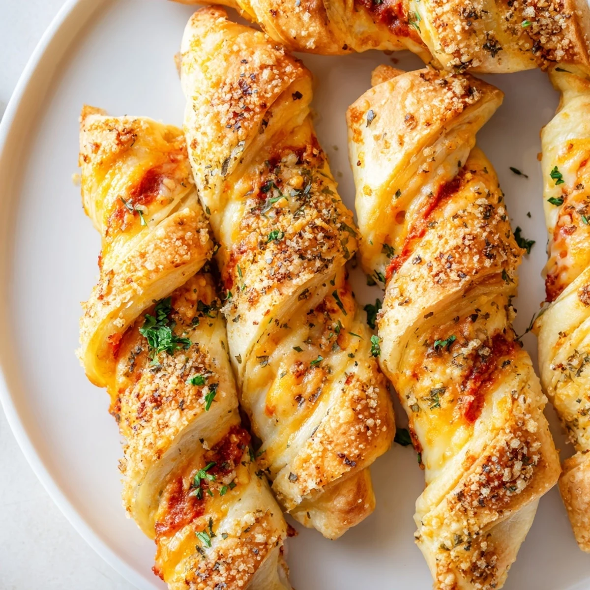 Golden-brown Crispy Air Fryer Pizza Cheese Bread Twists fresh from the basket.