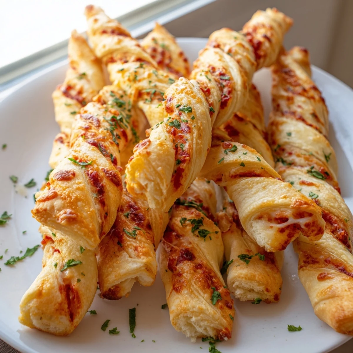 Warm Crispy Air Fryer Pizza Cheese Bread Twists with a side of marinara.