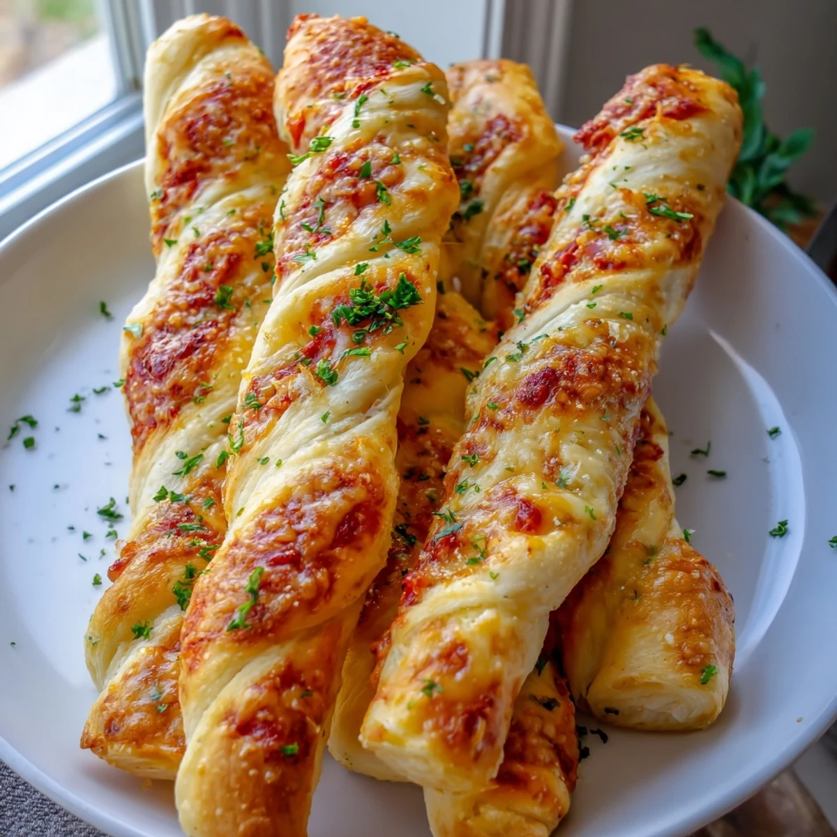 These Crispy Air Fryer Pizza Cheese Bread Twists are stacked on a white plate.