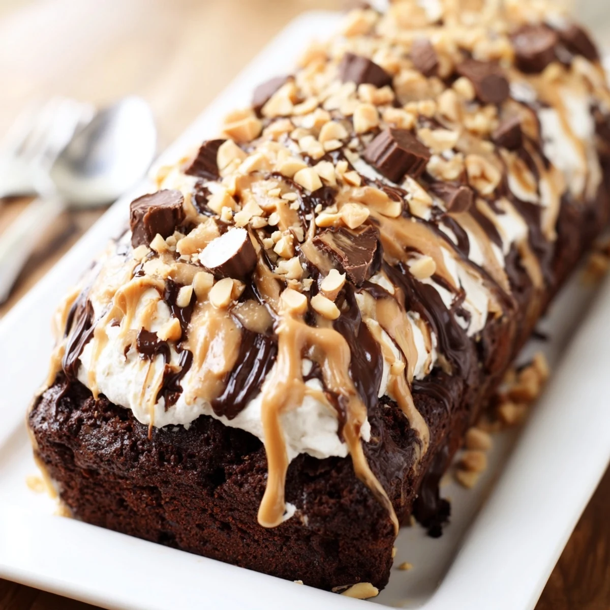 A slice of Chocolate Peanut Butter Poke Cake shows creamy pudding filling peeking through the holes and a glossy chocolate drizzle.