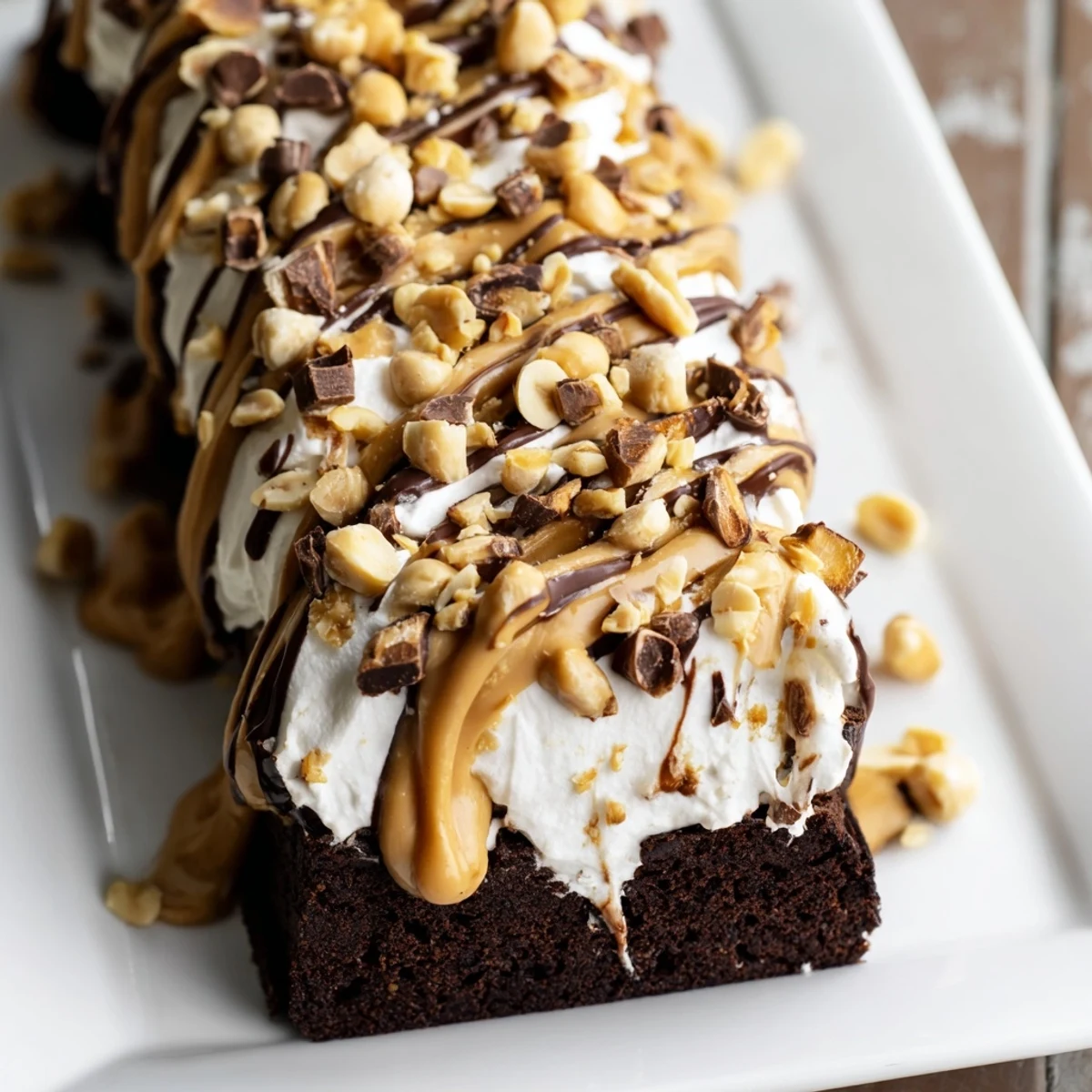Served on a white plate, this Chocolate Peanut Butter Poke Cake is topped with fluffy whipped cream and chopped roasted peanuts.