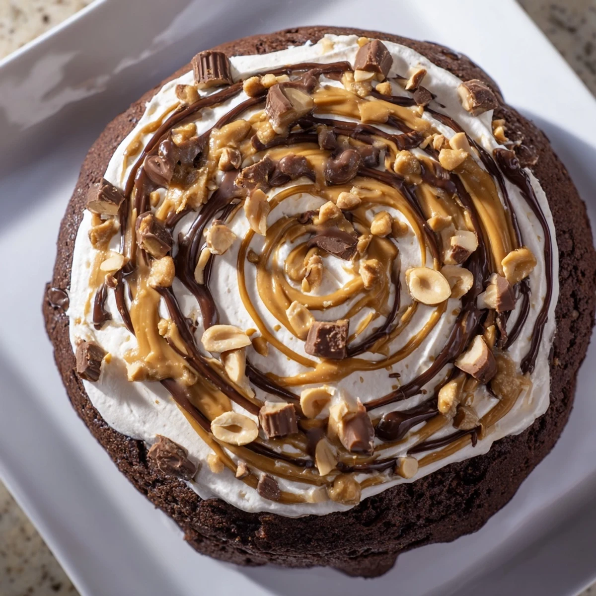 This moist Chocolate Peanut Butter Poke Cake features a rich chocolate-peanut butter drizzle and mini peanut butter cups for a party dessert.