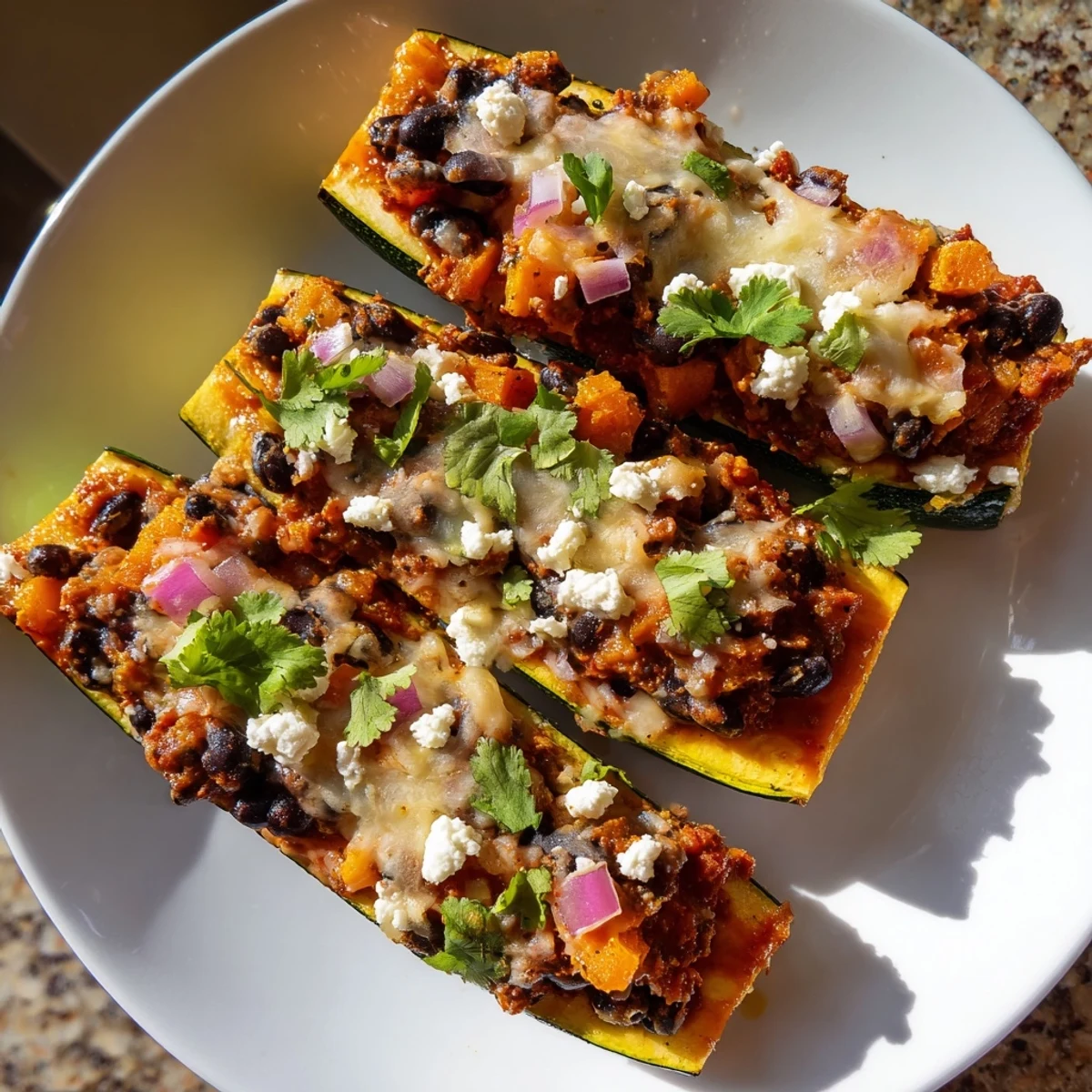 Golden roasted Black Bean and Butternut Squash Enchilada Boats sit on a plate, melty cheese bubbling over the zesty red sauce.