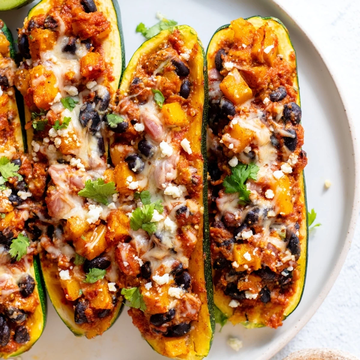 Tender zucchini boats are stuffed with black beans and butternut squash, garnished with fresh cilantro and avocado slices.