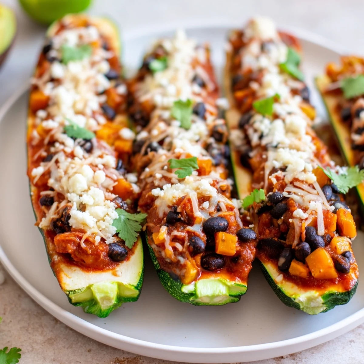 A close-up view of the savory Black Bean and Butternut Squash Enchilada Boats, showcasing the melted cheese and vibrant toppings.