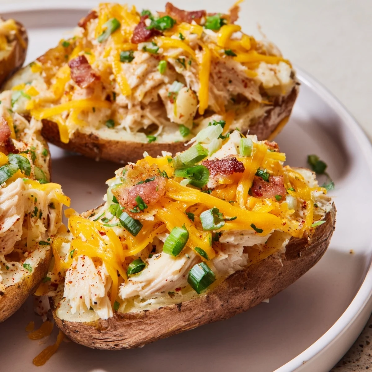 Crispy baked russet potatoes stuffed with savory mud chicken and creamy mashed filling, topped with melted cheddar.