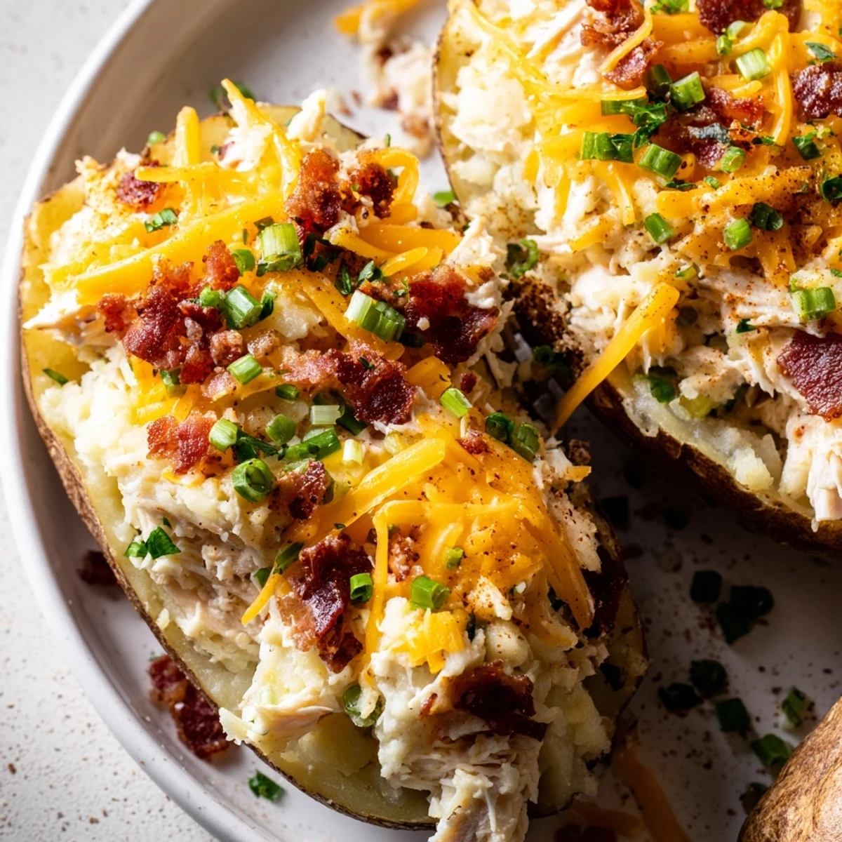 Golden twice baked potatoes filled with shredded chicken, sour cream, and cheese, served hot with fresh parsley.