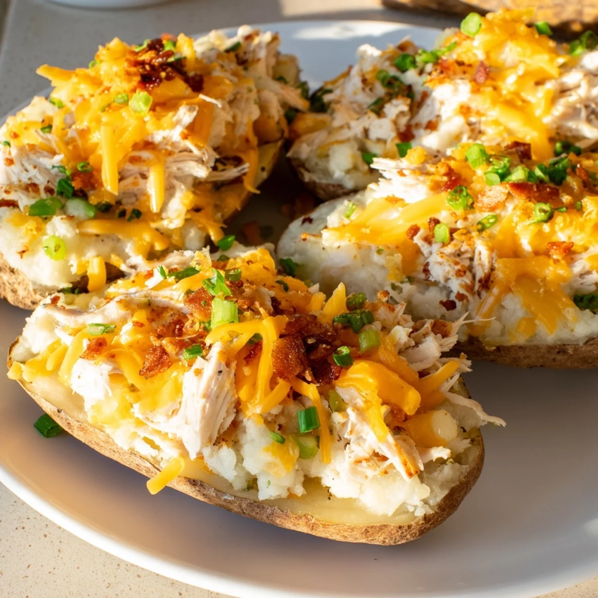 Hearty mud chicken stuffed twice baked potatoes with smoky paprika and green onions on a rustic kitchen plate.