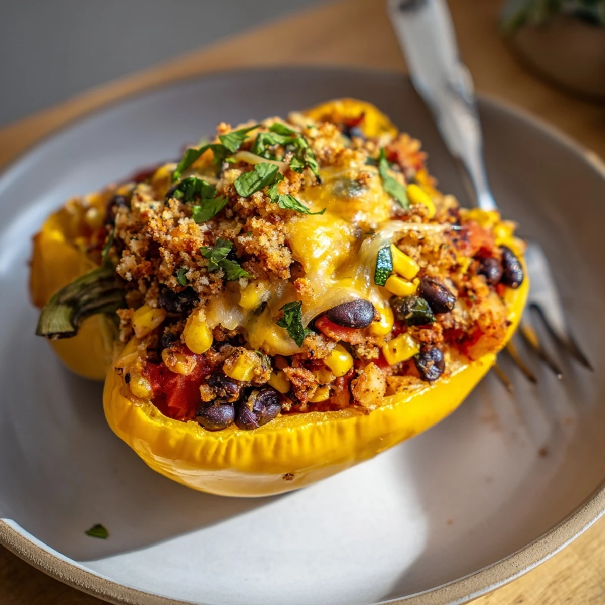 Golden-brown Cajun Potato Stuffed Bell Peppers fresh from the oven, filled with a savory potato and vegetable mixture and garnished with fresh parsley.