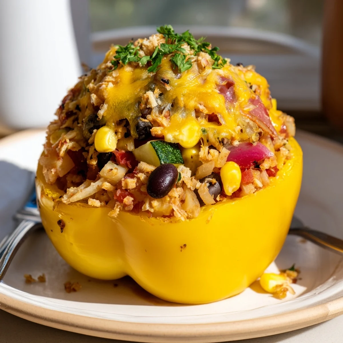 Close-up of Cajun Potato Stuffed Bell Peppers showing the zesty, chunky potato filling with corn, black beans, and melted cheddar cheese.