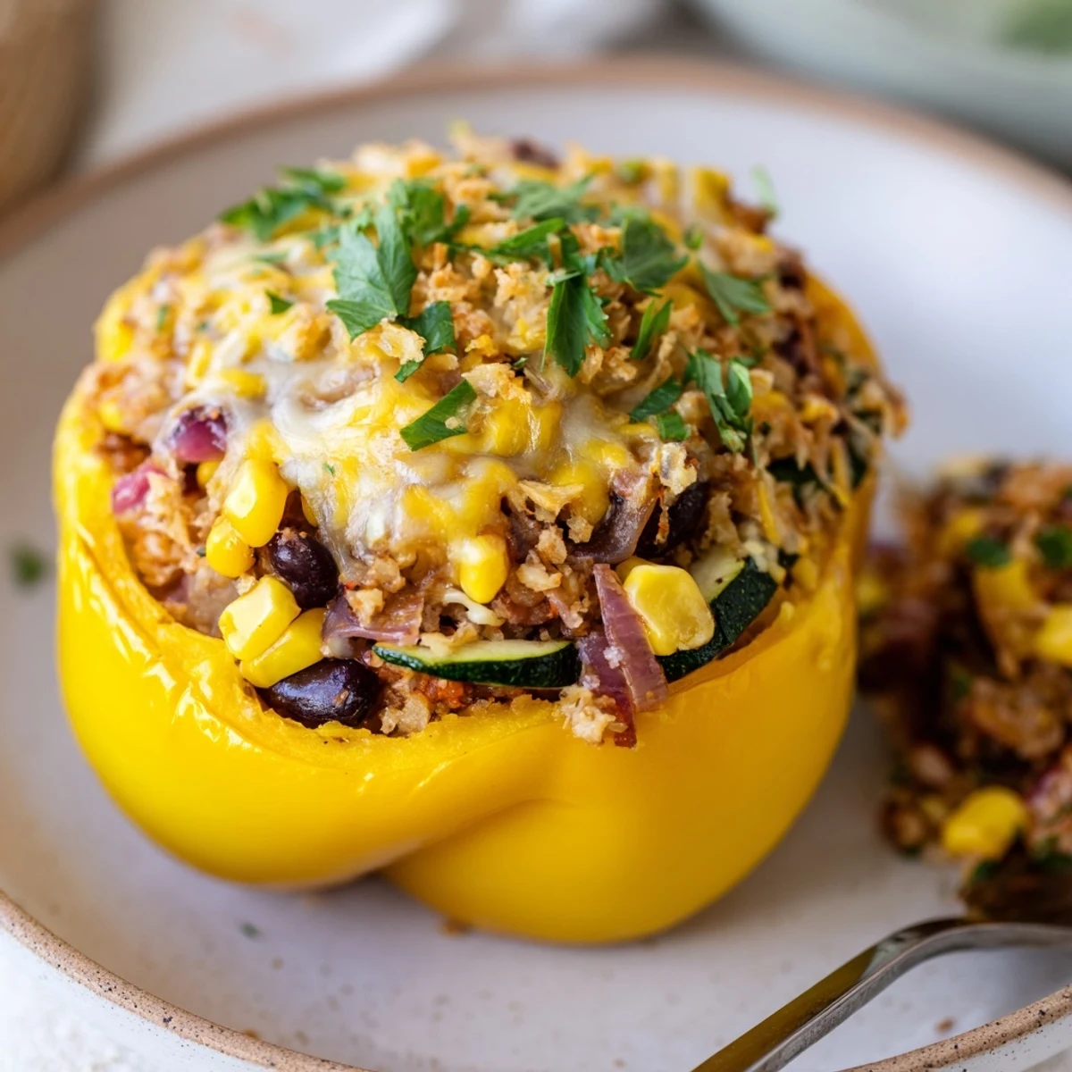 A vibrant serving suggestion of Cajun Potato Stuffed Bell Peppers on a plate with a side salad, perfect for a vegetarian main dish.